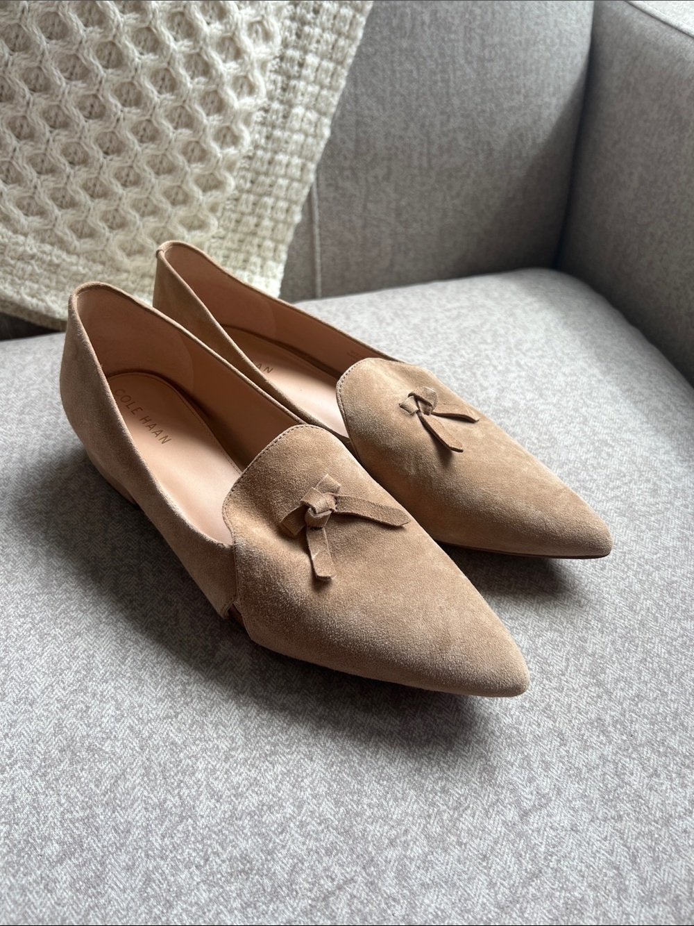 Cole Haan Taupe Suede Pointed Tassel Loafers